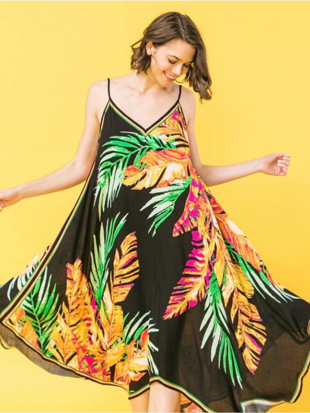 Flying Tomato Black Tropical Leaf Print Spaghetti-Strap Cover-Up